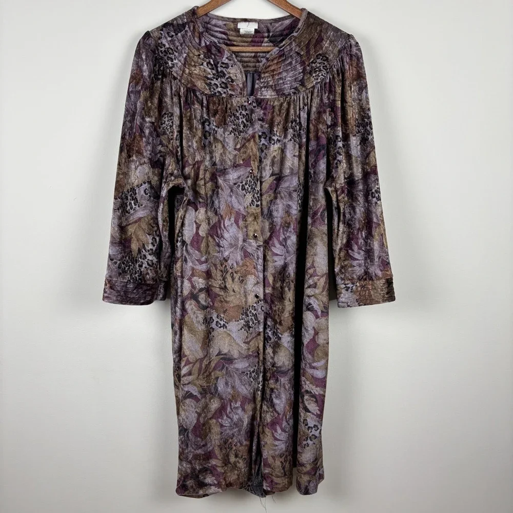Vintage Simply‎ Basic Robe Housecoat Womens 1X Velvet Grannycore Floral Snap Up
